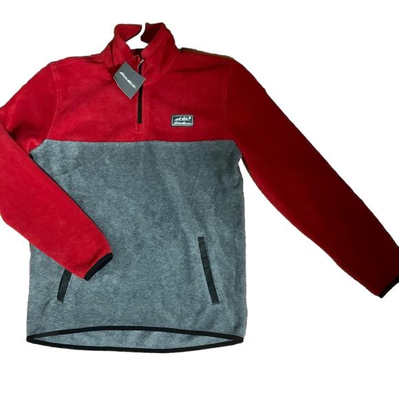 Eddie Bauer Boys 1/4 Zip Fleece Red And Grey Jacket Front Pockets Logo-LARGE NWT - Picture 1 of 11